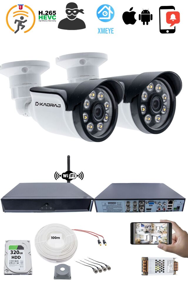 2 Kameralı Güvenlik Seti - 5MP Sony SecuLens, 1080p AHD, 8 Warm LED, Gece Renkli Görüş,WiFi Adaptörü