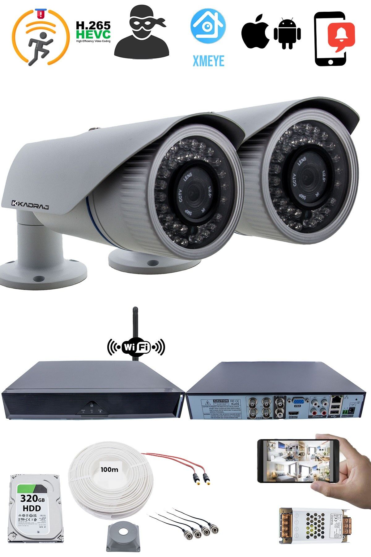 2 Kameralı Güvenlik Seti - 5MP Sony SecuLens, 1080p AHD, 42 IR LED, Gece Görüşlü,  WiFi Adaptörü