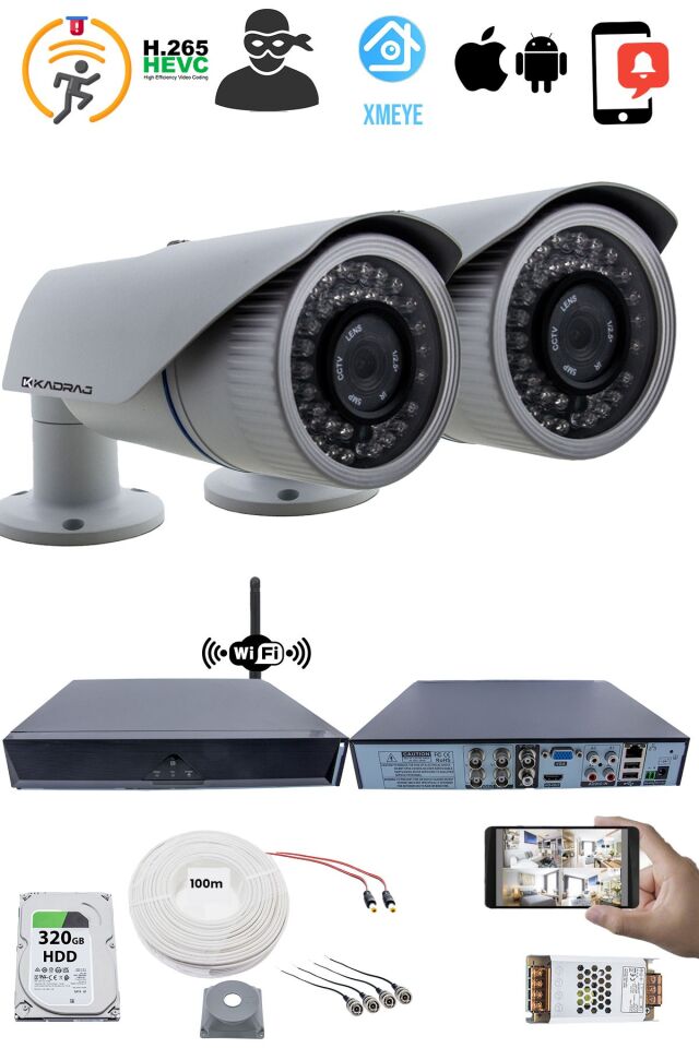 2 Kameralı Güvenlik Seti - 5MP Sony SecuLens, 1080p AHD, 42 IR LED, Gece Görüşlü,  WiFi Adaptörü