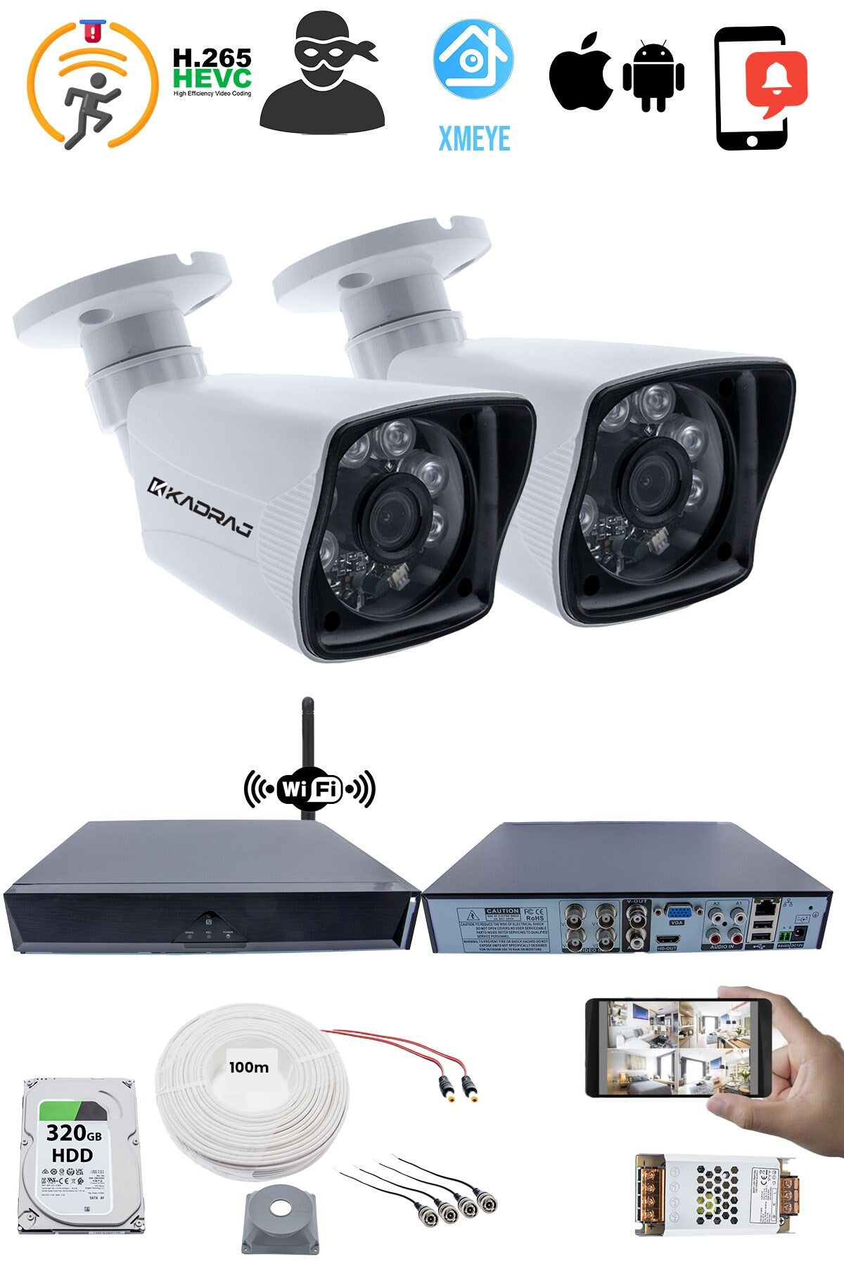 2 Kameralı Güvenlik Seti  5MP Sony SecuLens, 1080P, AHD, 6 Atom LED, Gece Görüşlü,  WiFi Adaptörü