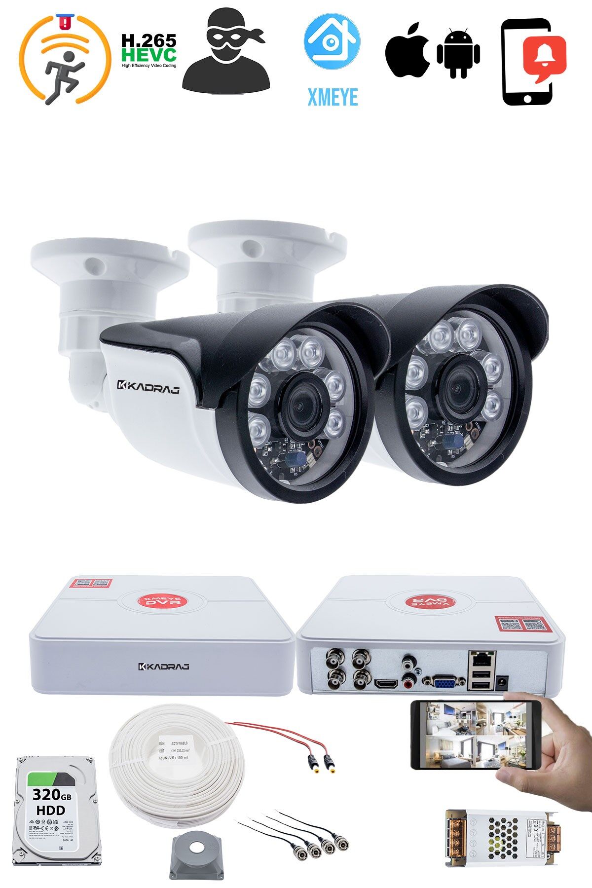 2 Kameralı Set - 5MP Sony SecuLensli, 1080P Full HD AHD, 6 Atom LED, Gece Görüşlü, IP66 Plastik Kasa