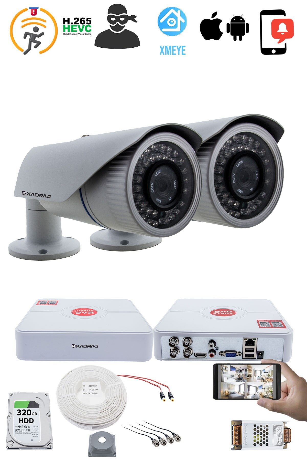 2 Kameralı Set - 5MP Sony SecuLensli 1080p AHD, 42 IR Led, Gece Görüşlü,Metal Kasa