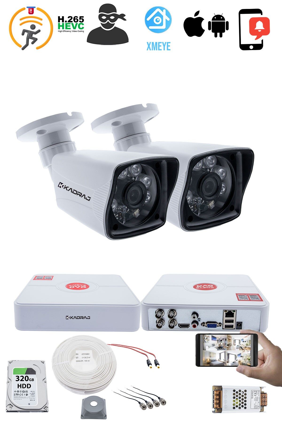 2 Kameralı Set 5MP AHD Sony SecuLensli 1080P Full HD 6 Atom LED Güvenlik Kamerası - Gece Görüş,