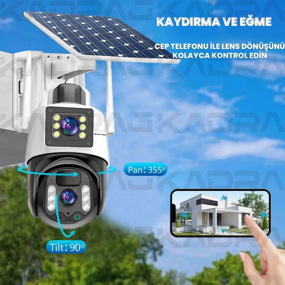 UNIYWELL 4G Solar Panelli Güvenlik Kamerası, Güneş Enerjili , 8MP Çift Lens, Sim Kartlı, Su Geçirmez