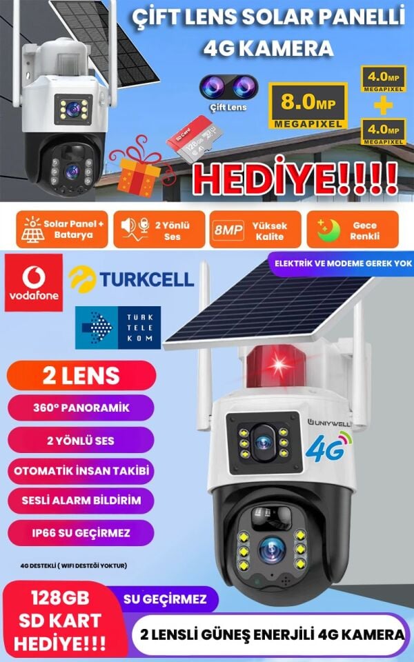 UNIYWELL 4G Solar Panelli Güvenlik Kamerası, Güneş Enerjili , 8MP Çift Lens, Sim Kartlı, Su Geçirmez