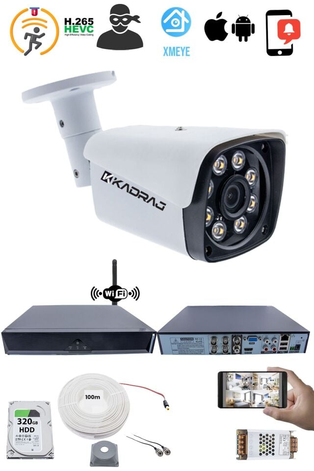 1 Kameralı Güvenlik Seti - 5MP Sony SecuLens, 1080P Full , Gece Renkli, 8 Ultra Warm, WiFi Adaptörü,