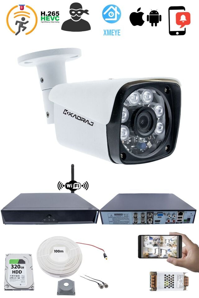 1 Kameralı Güvenlik Seti - 5MP Sony SecuLens, 6 Atom LED, 1080P, Gece Görüşlü, 5MP DVR + WiFi