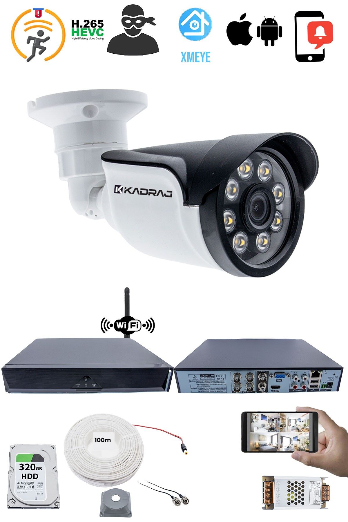 1 Kameralı Güvenlik Seti - 5MP Sony SecuLens, 1080p , 8 Warm LED, Gece Renkli,  5MP DVR + WiFi