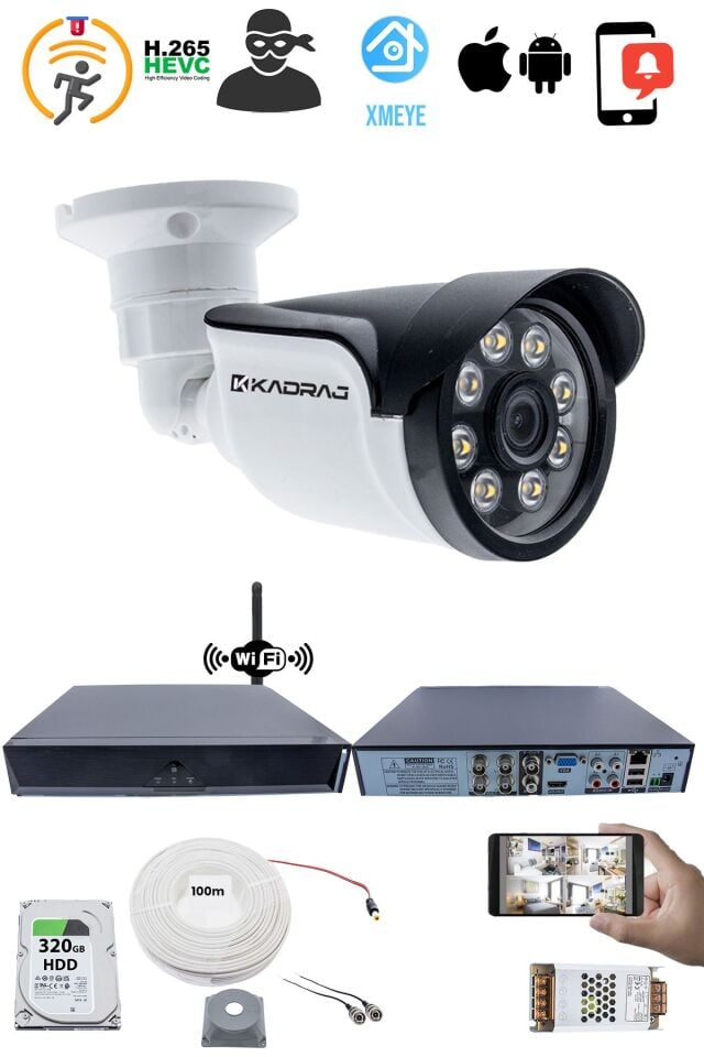 1 Kameralı Güvenlik Seti - 5MP Sony SecuLens, 1080p , 8 Warm LED, Gece Renkli,  5MP DVR + WiFi