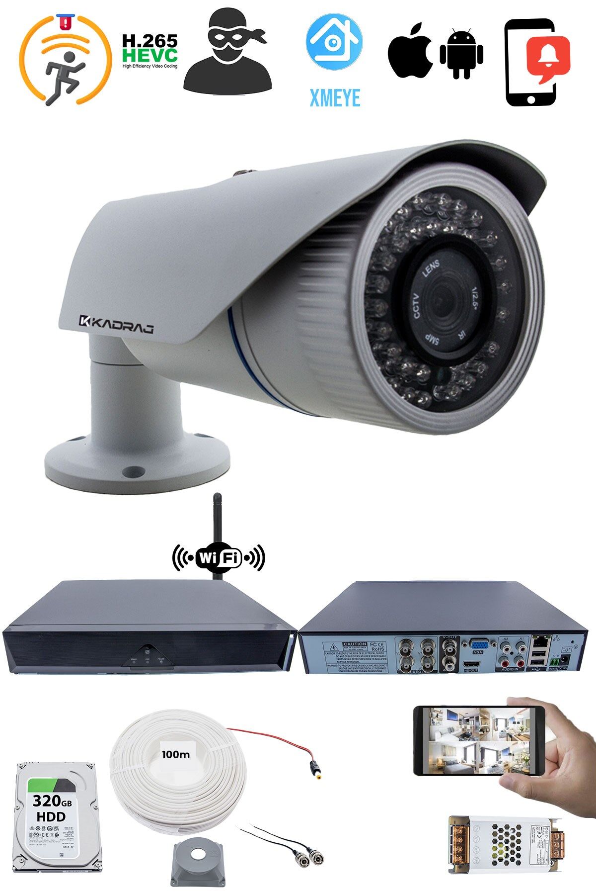 1 Kameralı Güvenlik Seti  5MP Sony SecuLens, 1080p, 42 IR LED, Gece Görüşlü, 5MP DVR, WiFi Adaptörü