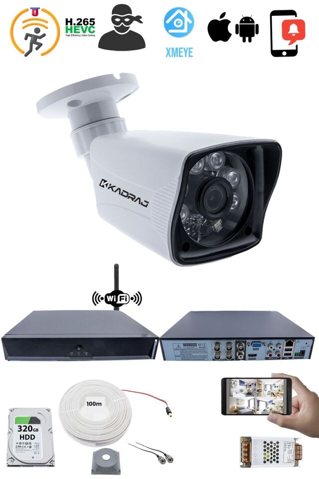 1 Kameralı Güvenlik Seti - 5MP Sony SecuLens, 1080P , 6 Atom LED, Gece Görüşlü, 5MP DVR + WiFi