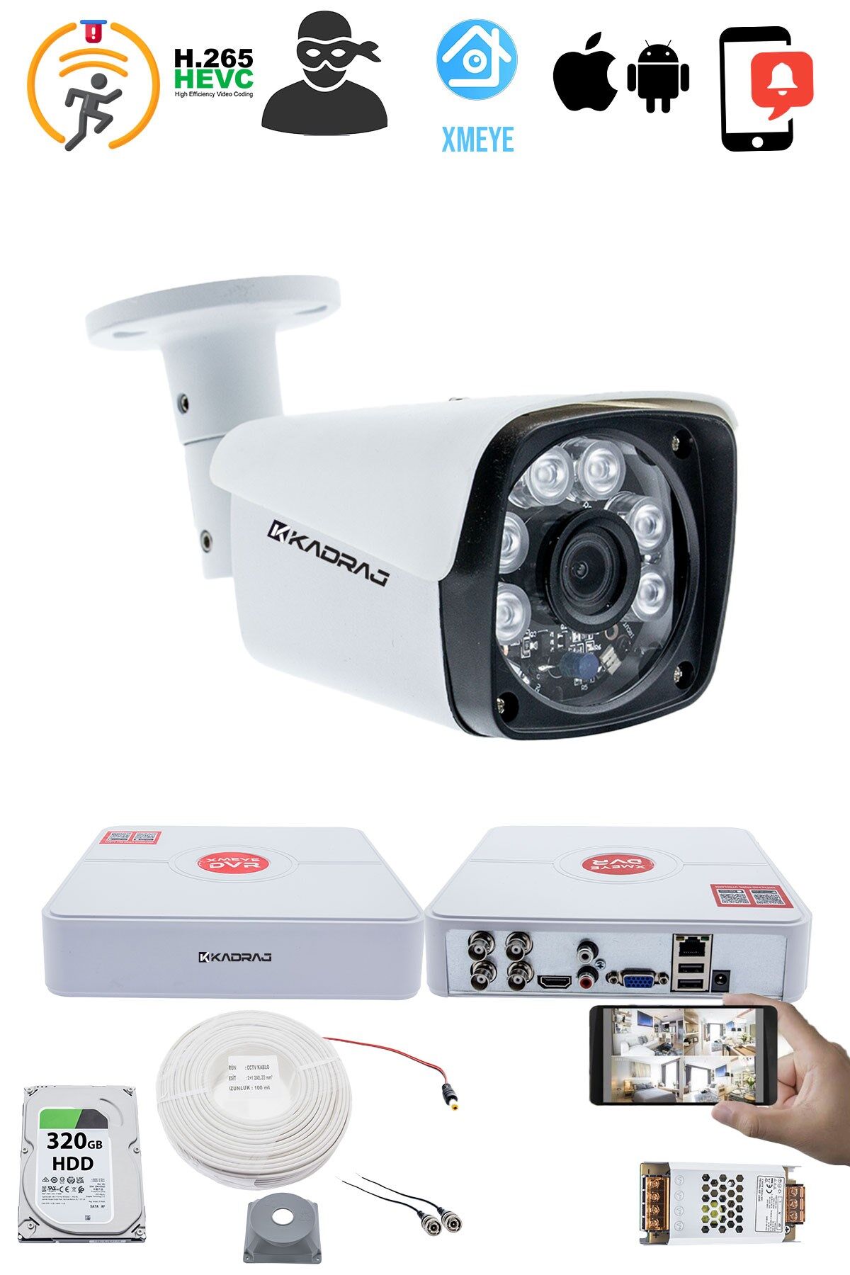 1 Kameralı Güvenlik Kamerası Seti - 5MP Sony SecuLens, 6 Atom LED, 1080P Full HD AHD, Gece Görüşlü