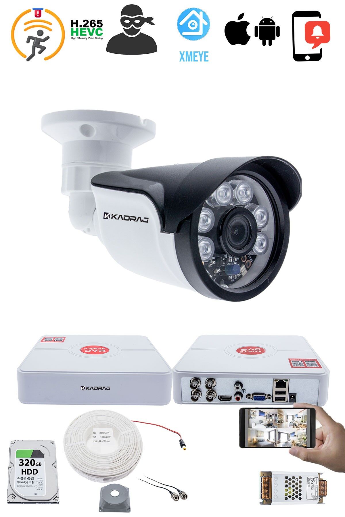 1 Kameralı Set - 5MP Sony SecuLensli 1080p Full HD AHD, 6 Atom LED, Gece Görüşlü, IP66 Plastik Kasa