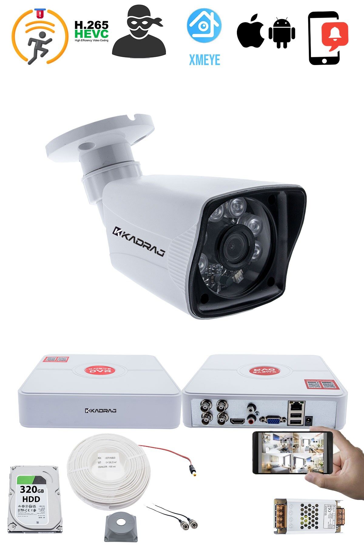 1 Kameralı Set - 5MP Sony SecuLensli 1080P Full HD AHD, 6 Atom LED, Gece Görüşlü, Güvenlik Kamerası