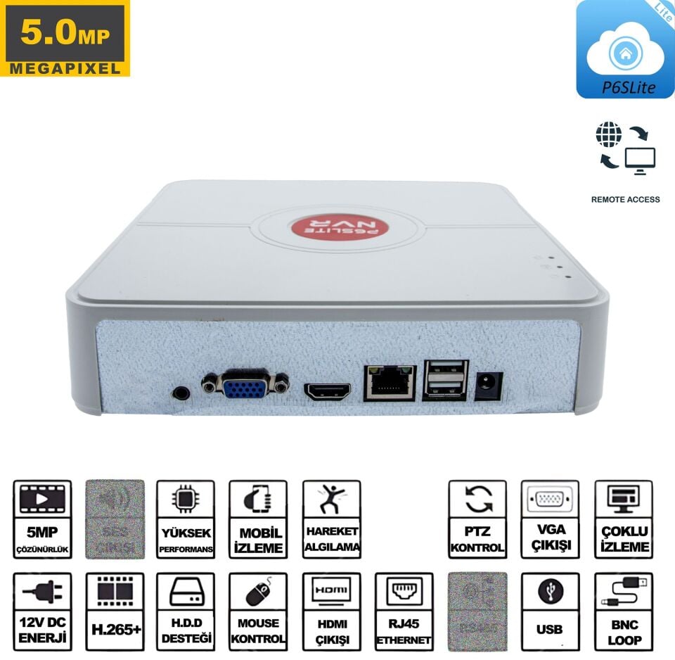 Kadraj NVR Kayıt Cihazı 16 Kanal 5MP 1080P H265 5in1 Hibrit P6SLite