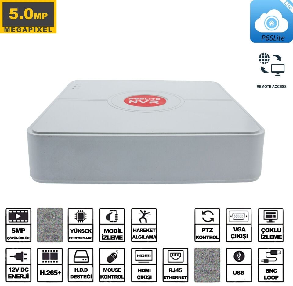 Kadraj NVR Kayıt Cihazı 9 Kanal 5MP 1080P H265 5in1 Hibrit P6SLite