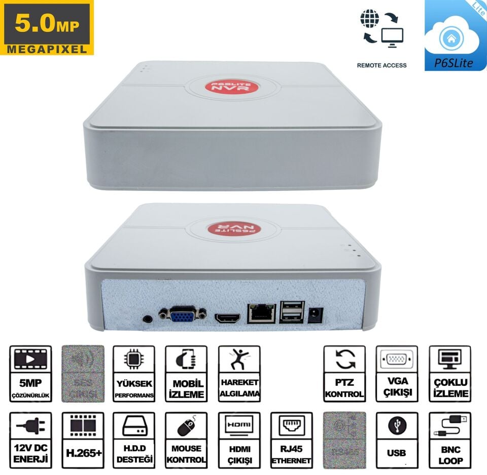 Kadraj NVR Kayıt Cihazı 9 Kanal 5MP 1080P H265 5in1 Hibrit P6SLite