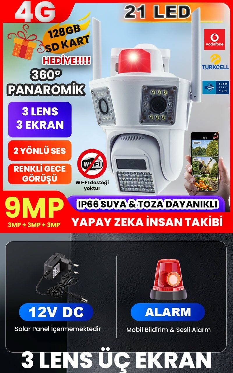 9MP(3+3+3) , 4G Destekli Kamera, 3 Ekranlı , 3 Kameralı, Yapay Zeka,İnsan Algılama, Su Geçirmez