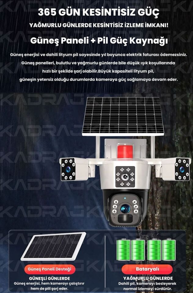 Solar Güvenlik Kamerası | Güneş Panelli |  Çift Lensli | 4G SIM Kart | 10.000mAh | 6MP