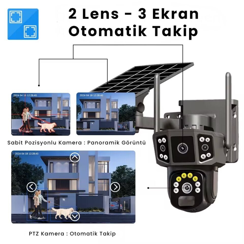 Çift Lens, 10X Zoom, 4G Kamera, Kablosuz 4G Güneş Enerjili Kamera