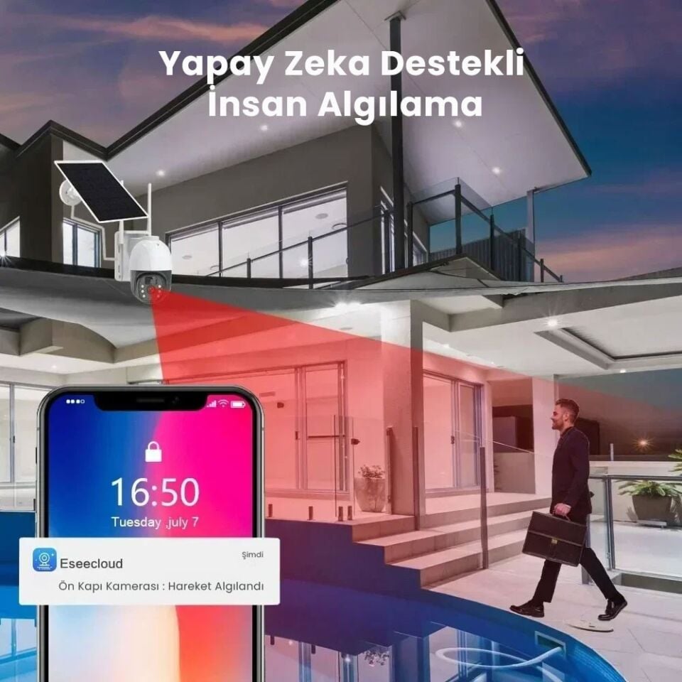 5MP 4G SIM Kartlı Güneş Şarjlı Kablosuz Güvenlik Dome IP Kamera - PIR, Renkli Gece Görüşlü