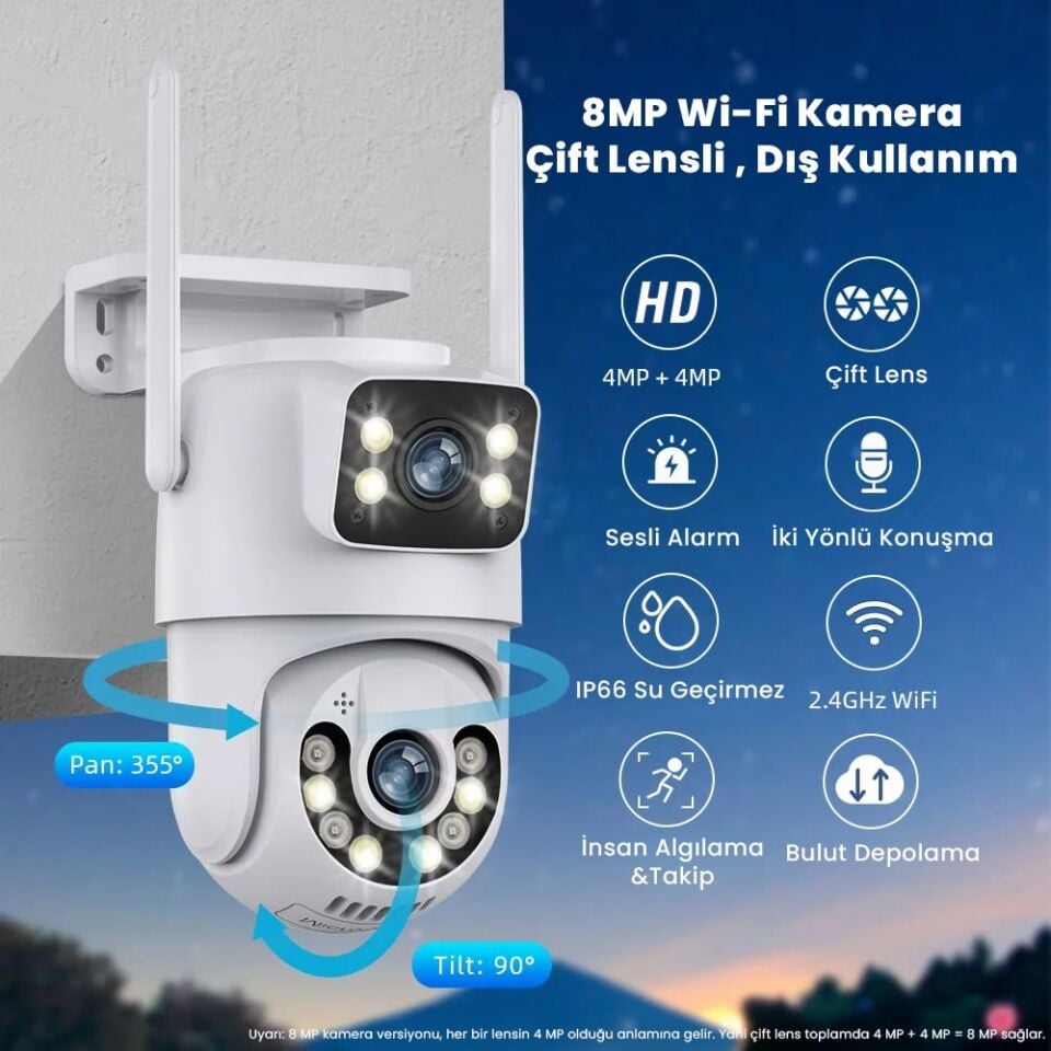 4K 8MP Çift Ekran Lens Wifi 2K Poz Kamera IP66 Su Geçirmez Otomatik İzleme Güvenlik Kamerası