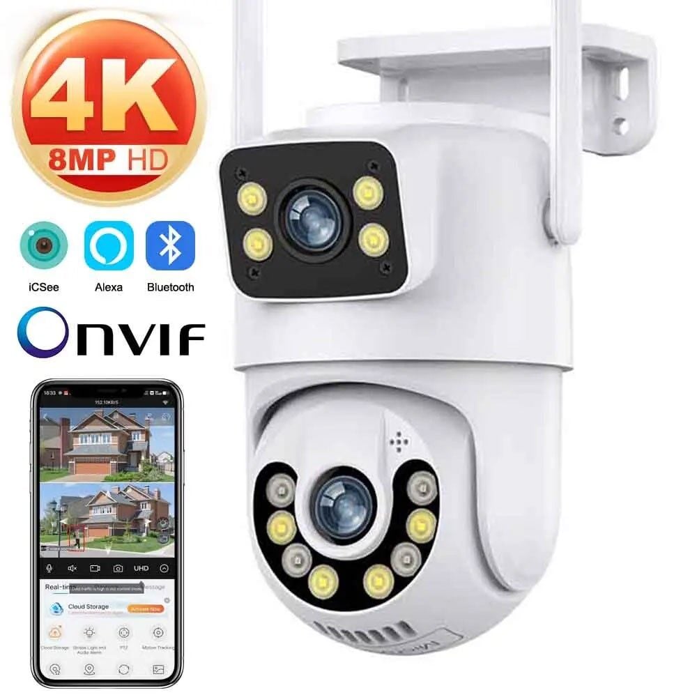 4K 8MP Çift Ekran Lens Wifi 2K Poz Kamera IP66 Su Geçirmez Otomatik İzleme Güvenlik Kamerası