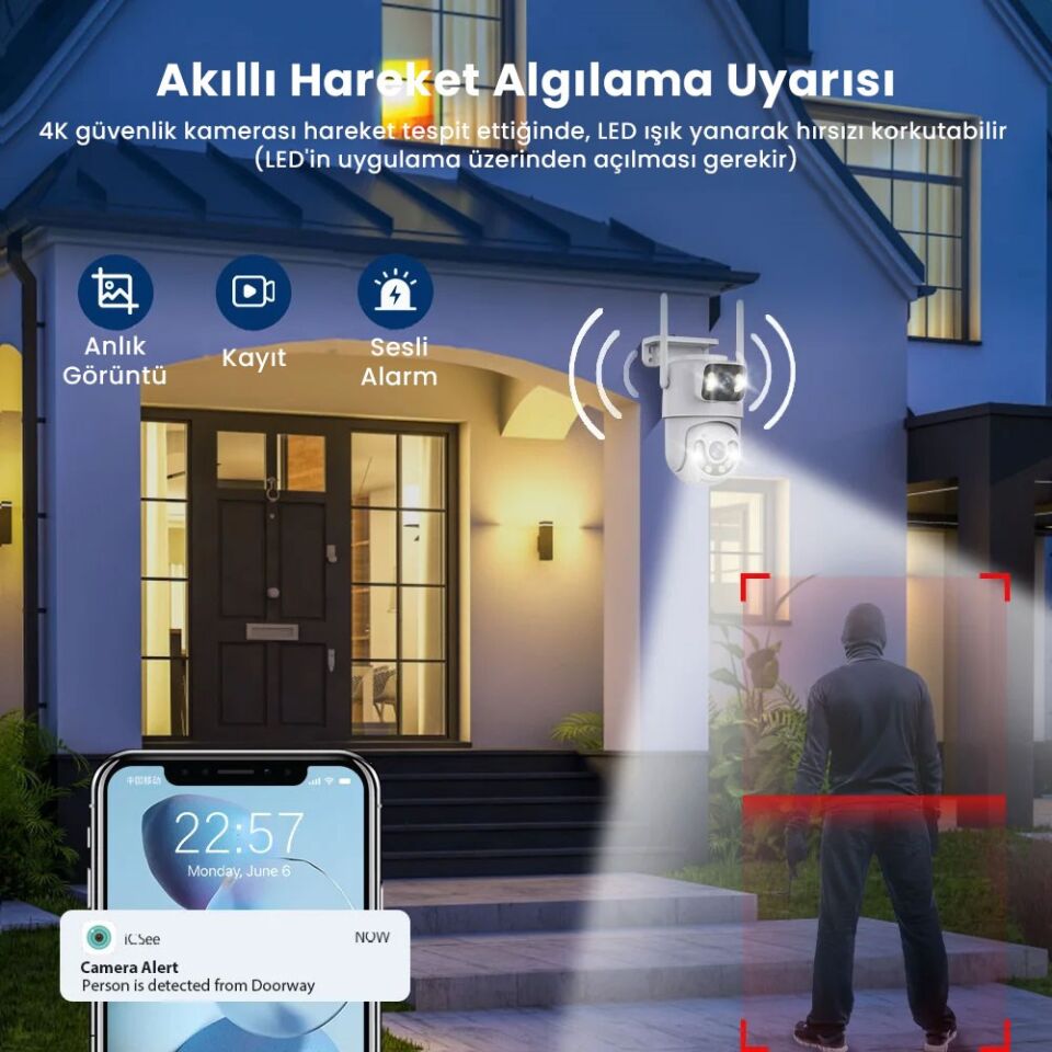 4K 8MP Çift Ekran Lens Wifi 2K Poz Kamera IP66 Su Geçirmez Otomatik İzleme Güvenlik Kamerası