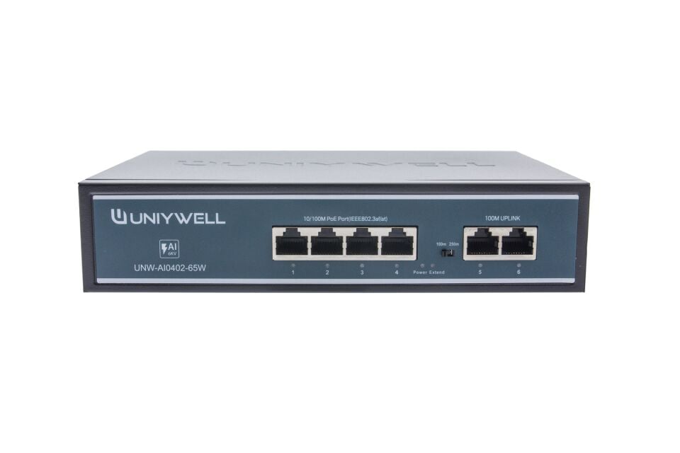 Uniywell 4 Port PoE Switch + 2 Uplink | 65W İç Güç Ünitesi | UNW-AI0402-65W