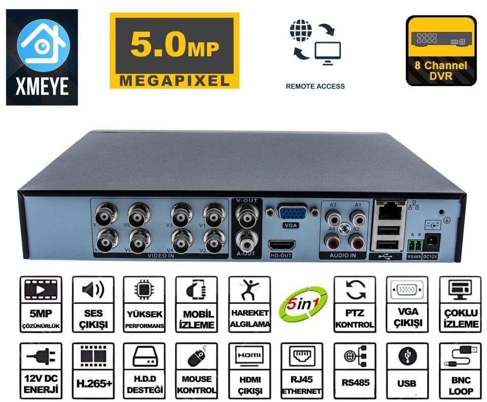 8 Kanal 5MP 1080P Kamera Kayıt Cihazı AHD DVR H265+ Plus 5in1 Hibrit Xmeye
