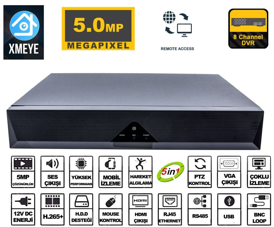 8 Kanal 5MP 1080P Kamera Kayıt Cihazı AHD DVR H265+ Plus 5in1 Hibrit Xmeye