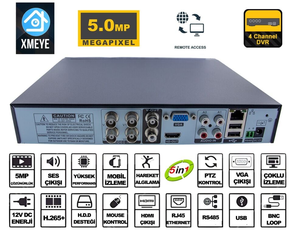 4 Kanal 5MP Kamera Kayıt Cihazı AHD DVR 1080P H265+ Plus 5in1 Hibrit Xmeye