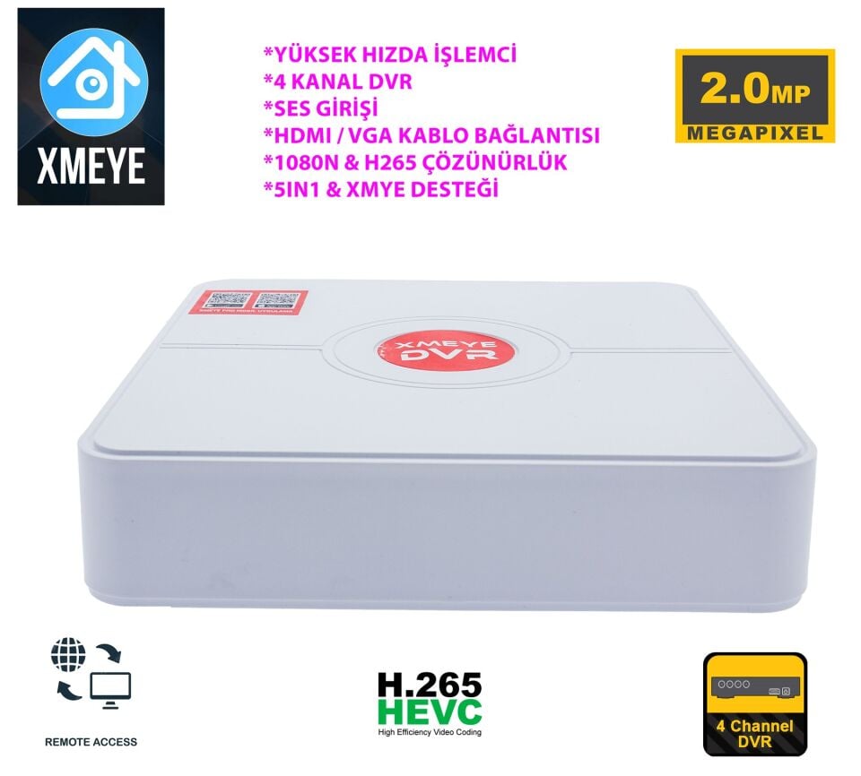 4 Kanal 2MP Kayıt Cihazı AHD 1080N H265+ Plus 5in1 Xmeye Yüksek Performans