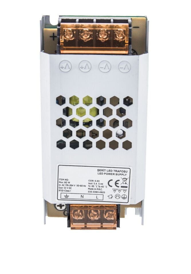 60W - 12V , 5A Güçlü LED Şerit Trafo - Geniş Gerilim Aralığı, IP20 Koruma Sınıfı