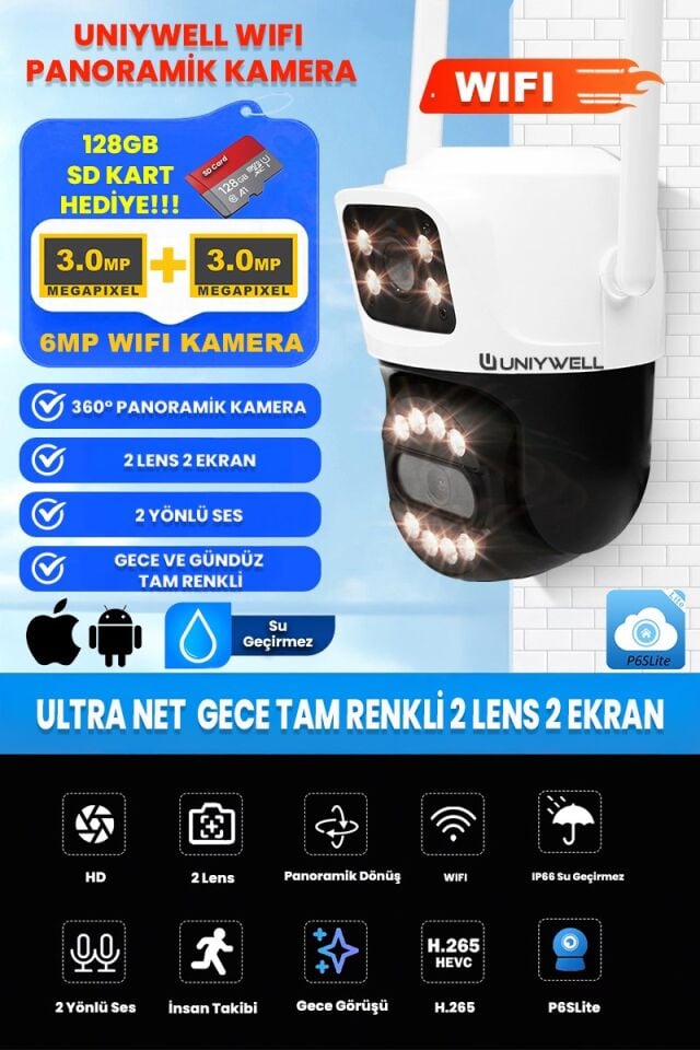 UNIYWELL 6 MP WIFI Kamera  2 LENS - Tam Renkli Gece Görüş - Su Geçirmez - 2 Yönlü Ses