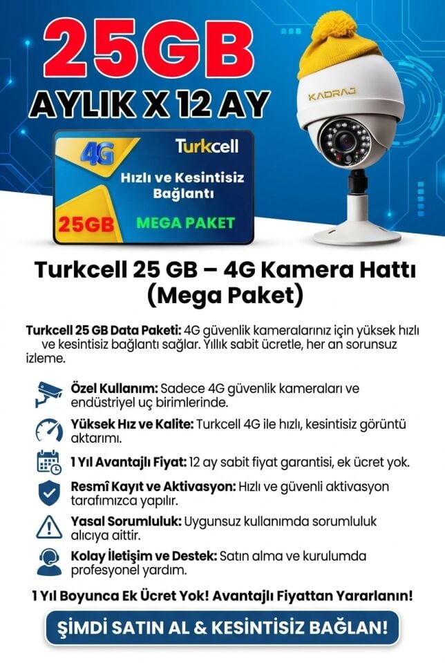4G KAMERALARA ÖZEL TURKCELL DATA SIM KART HATTI (25GB/AY) - MEGAPAKET