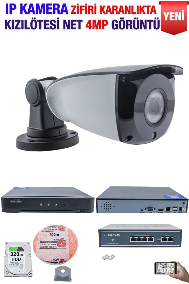 IP Kamera Seti - 1 IP Kamera - 10 Kanal NVR - 4 Port POE Switch, 320 GB Disk, Gece Görüşlü (IR)