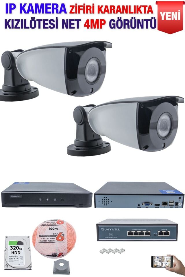 IP Kamera Seti - 2 IP Kamera - 10 Kanal NVR - 4 Port POE Switch, 320 GB Disk, Gece Görüşlü (IR)