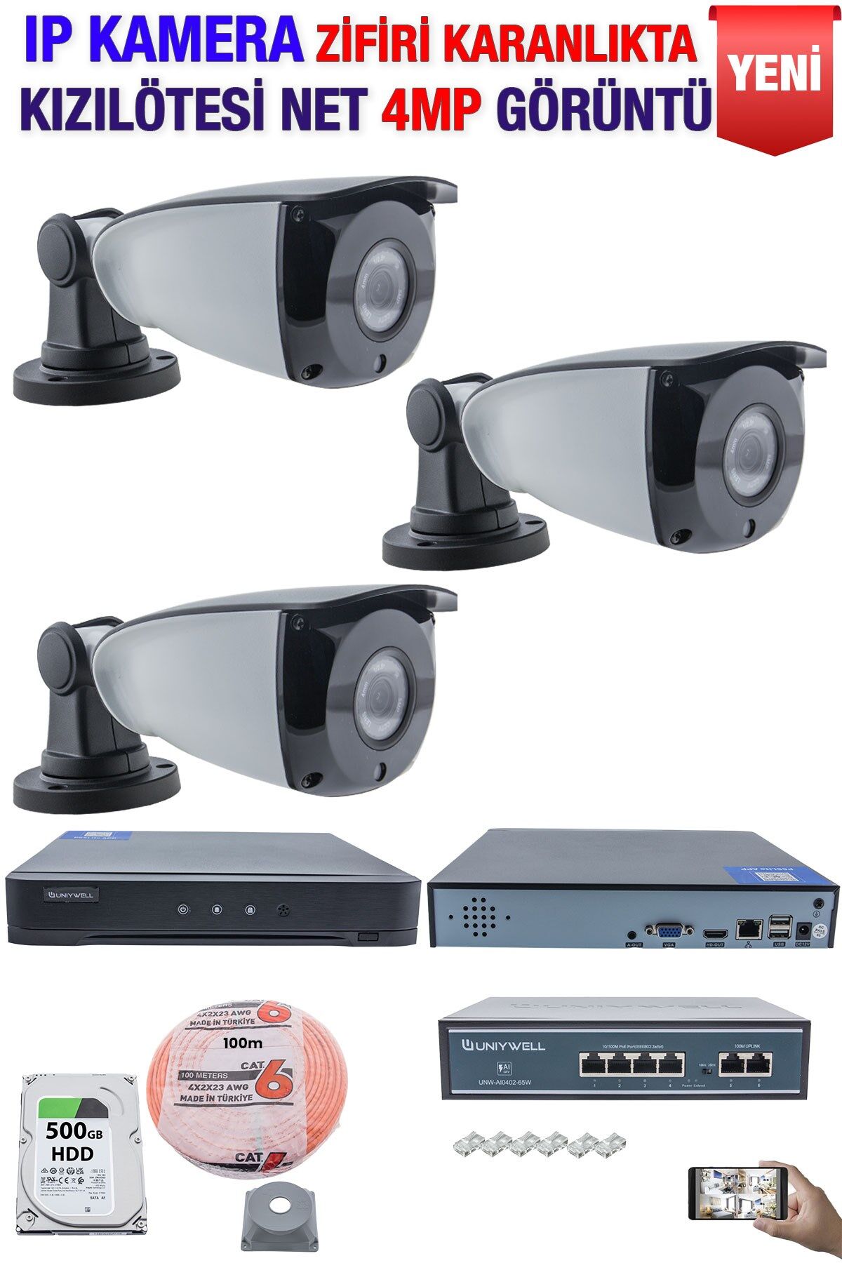 IP Kamera Seti - 3 IP Kamera - 10 Kanal NVR - 4 Port POE Switch, 500 GB Disk, Gece Görüşlü (IR)
