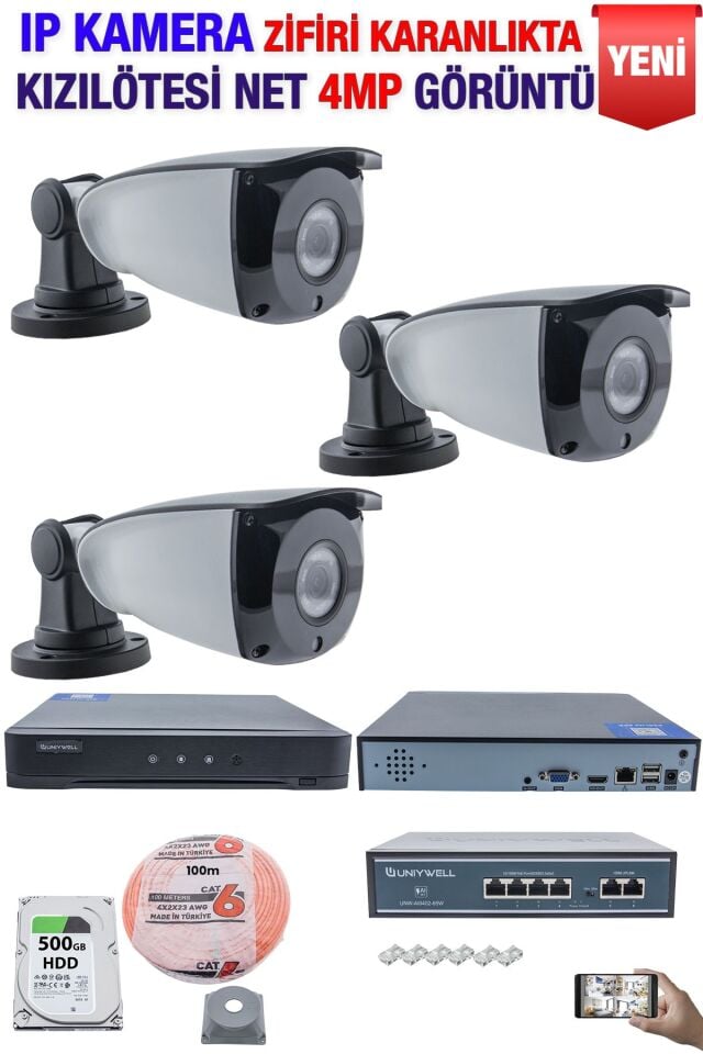 IP Kamera Seti - 3 IP Kamera - 10 Kanal NVR - 4 Port POE Switch, 500 GB Disk, Gece Görüşlü (IR)