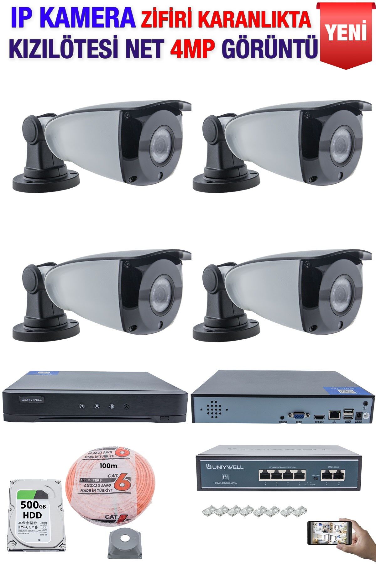 IP Kamera Seti - 4 IP Kamera - 10 Kanal NVR - 4 Port POE Switch, 500 GB Disk, Gece Görüşlü (IR)