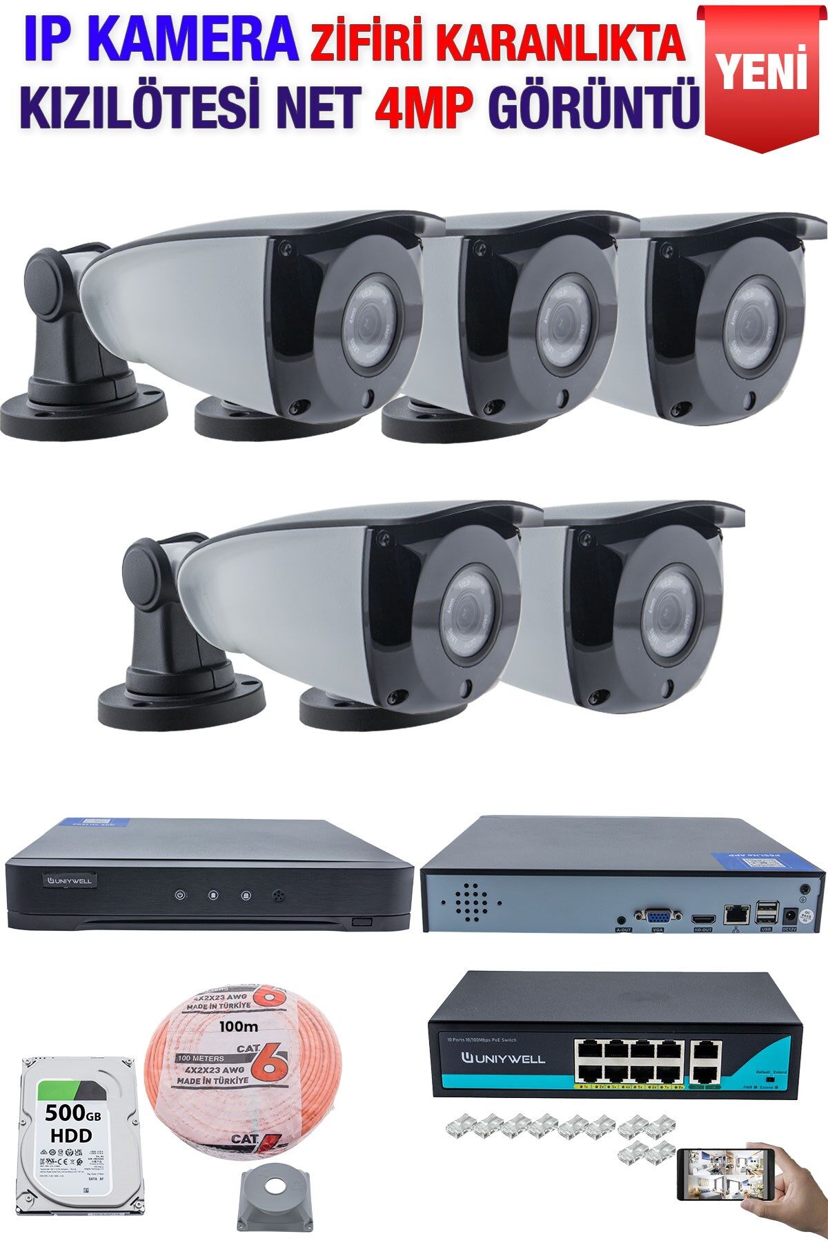 IP Kamera Seti - 5 IP Kamera - 10 Kanal NVR - 8 Port POE Switch, 500 GB Disk, Gece Görüşlü (IR)