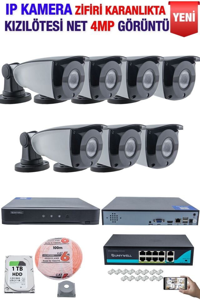 IP Kamera Seti - 7 IP Kamera - 10 Kanal NVR - 8 Port POE Switch, 1 TB Disk, Gece Görüşlü (IR)