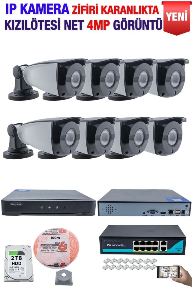 IP Kamera Seti - 8 IP Kamera - 10 Kanal NVR - 8 Port POE Switch, 2 TB Disk, Gece Görüşlü (IR)