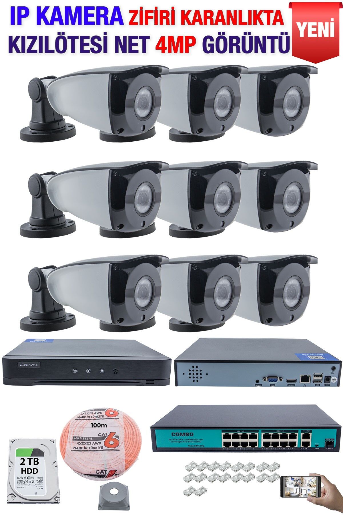 IP Kamera Seti - 9 IP Kamera - 10 Kanal NVR - 16 Port POE Switch, 2 TB Disk, Gece Görüşlü (IR)