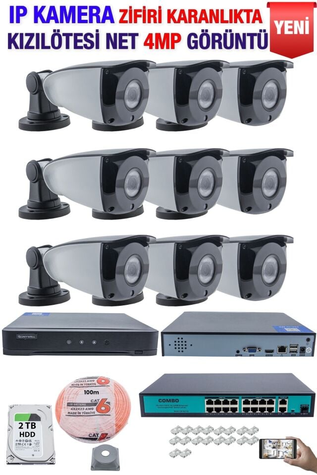 IP Kamera Seti - 9 IP Kamera - 10 Kanal NVR - 16 Port POE Switch, 2 TB Disk, Gece Görüşlü (IR)
