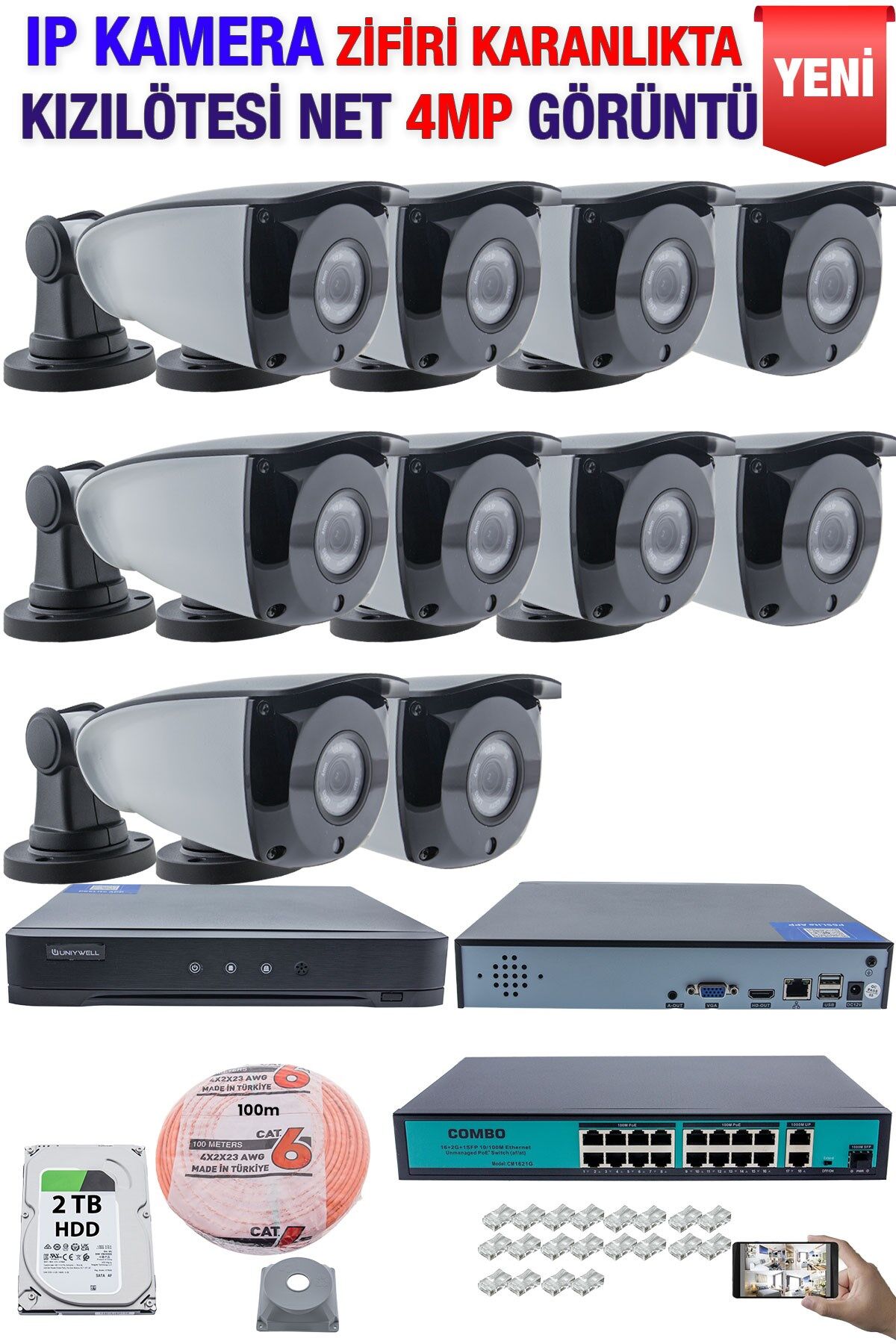 IP Kamera Seti - 10 IP Kamera - 10 Kanal NVR - 16 Port POE Switch, 2 TB Disk, Gece Görüşlü (IR)