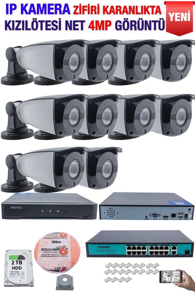 IP Kamera Seti - 10 IP Kamera - 10 Kanal NVR - 16 Port POE Switch, 2 TB Disk, Gece Görüşlü (IR)
