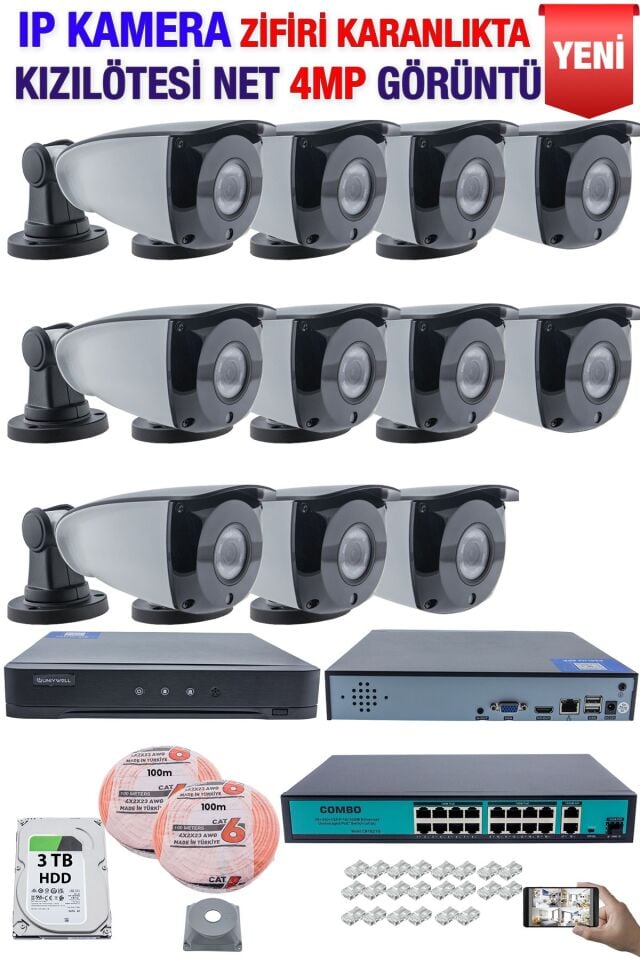 IP Kamera Seti - 11 IP Kamera - 16 Kanal NVR - 16 Port POE Switch, 3  TB Disk, Gece Görüşlü (IR)