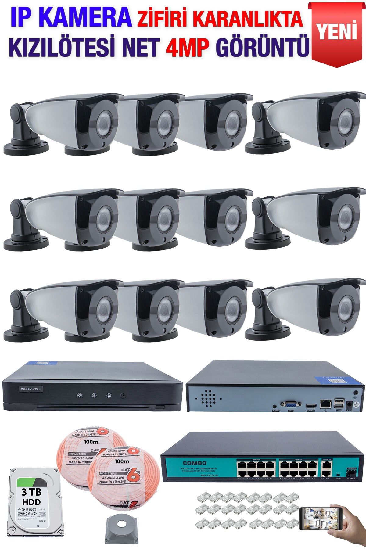 IP Kamera Seti - 12 IP Kamera - 16 Kanal NVR - 16 Port POE Switch, 3  TB Disk, Gece Görüşlü (IR)